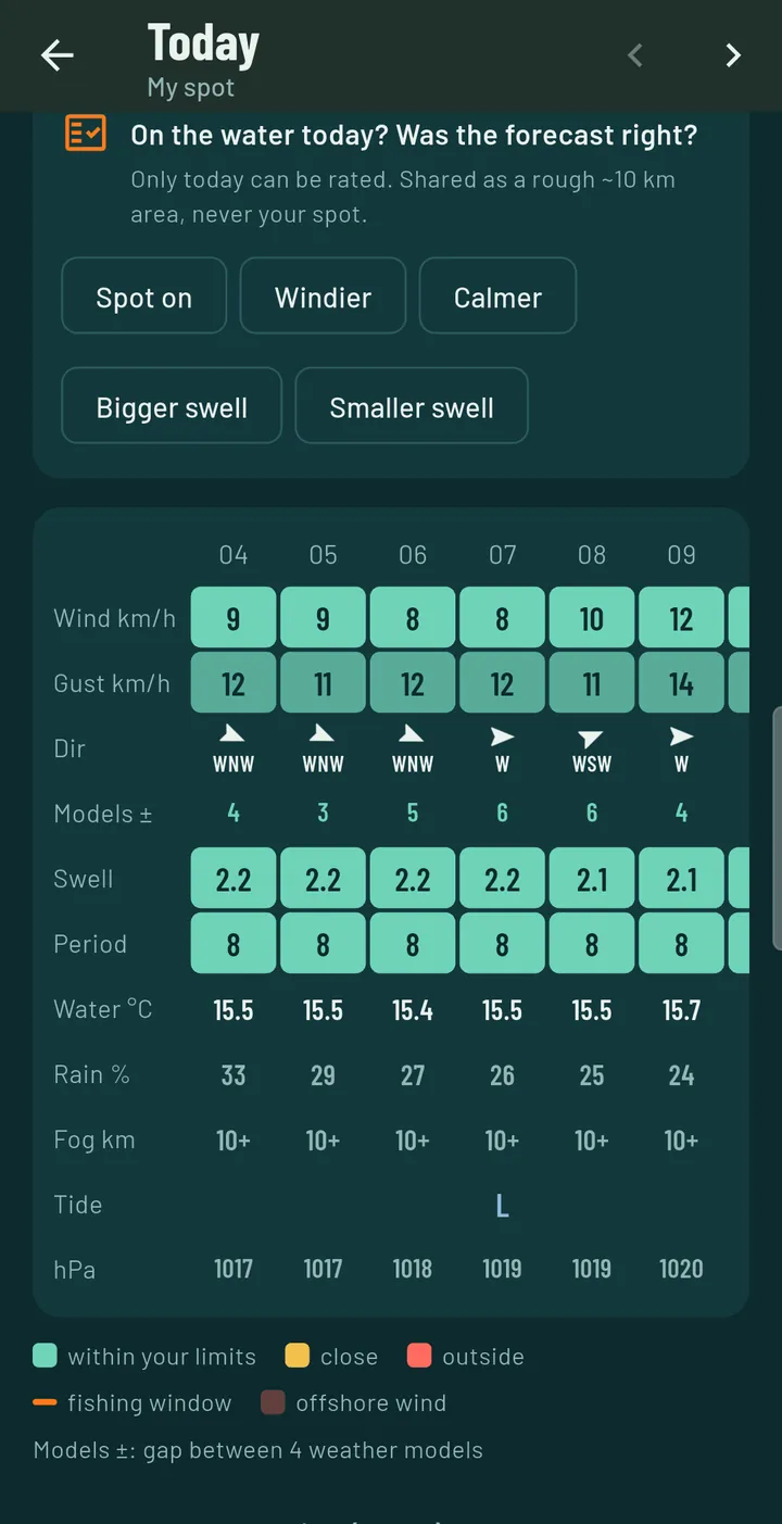 Hour-by-hour grid with wind, gusts, wind direction letters, swell, period, water temperature, rain, fog and pressure, coloured green, yellow or red